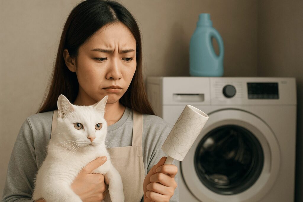 猫の毛が洗濯しても取れないことに悩んでいる若い日本人女性が室内で考え込んでいる様子。膝の上には猫がおり、毛の付着に困っている状況を表現している