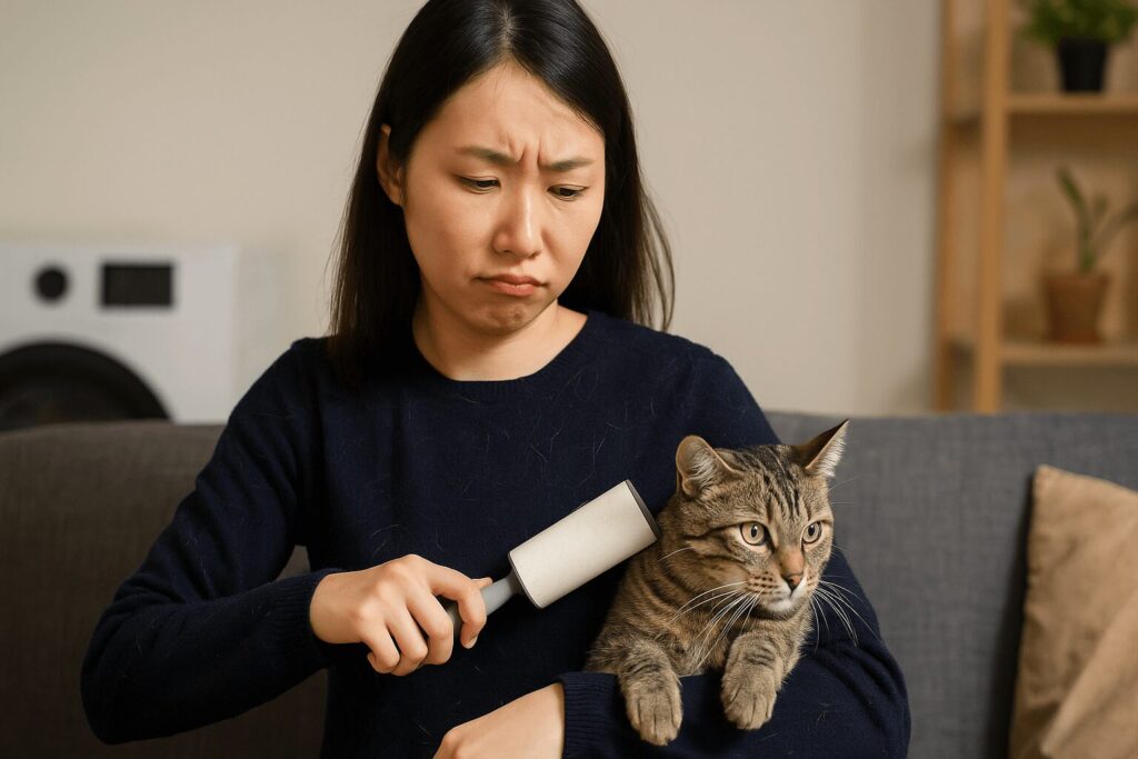 猫を抱きながら衣類に付着した毛をコロコロで取ろうとする日本人女性。困った表情で猫の毛が取れない悩みを表現している場面