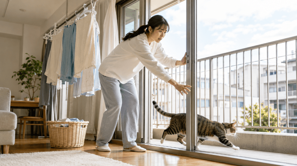 洗濯中にベランダへ出ようとする猫を止める女性