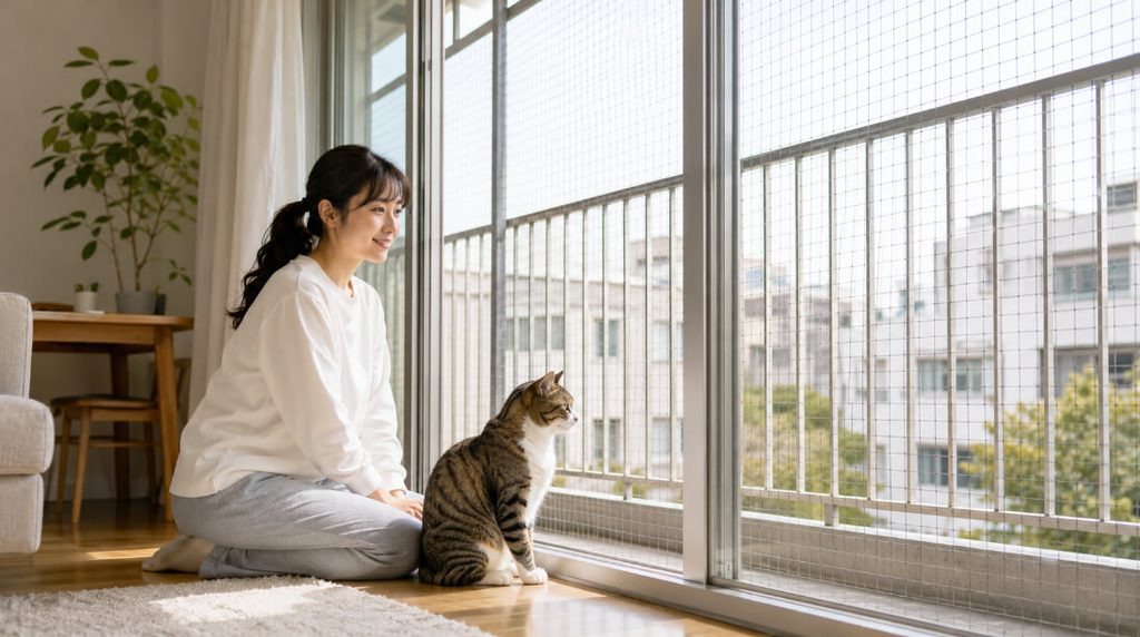 ベランダに猫の脱走防止ネットを設置した窓辺