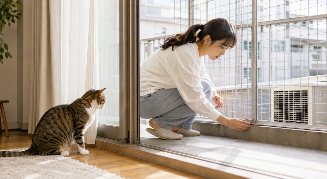 ベランダの猫脱走防止フェンスと床際の隙間を点検する女性