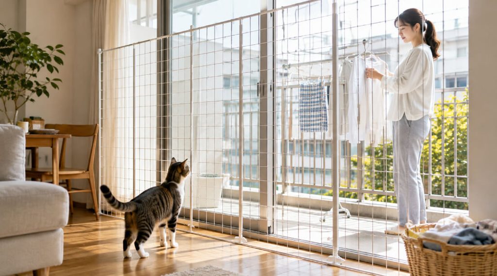 ベランダ前に猫の脱走防止ハイゲートを設置した室内