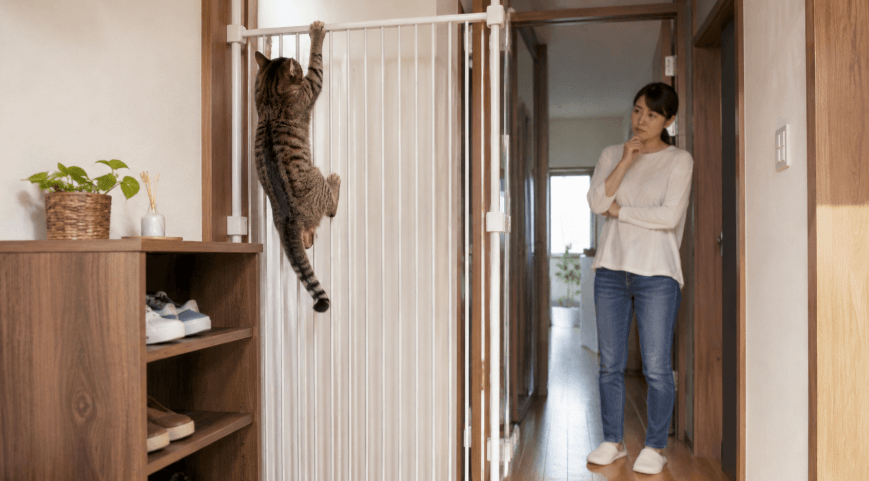 高い脱走防止ゲートを登ろうとする猫を見守る女性