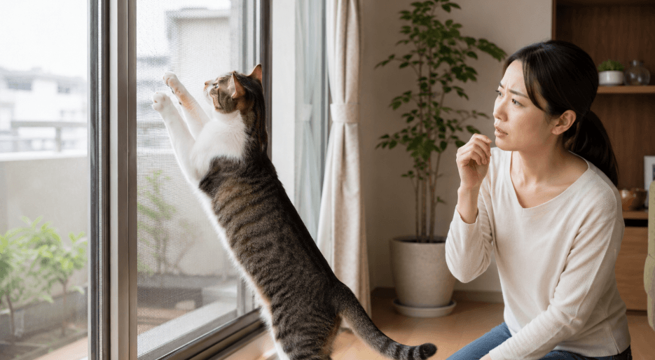 網戸によじ登る猫を心配そうに見守る女性