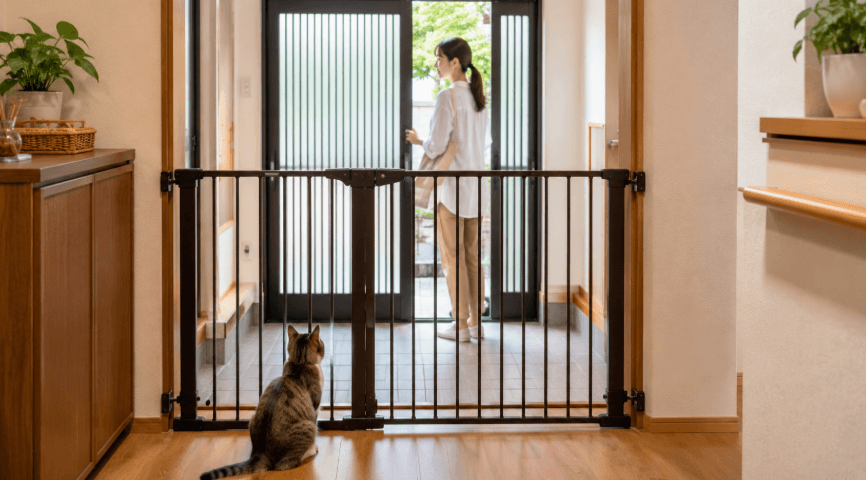 玄関引き戸の手前に猫用ゲートを設置した脱走防止対策