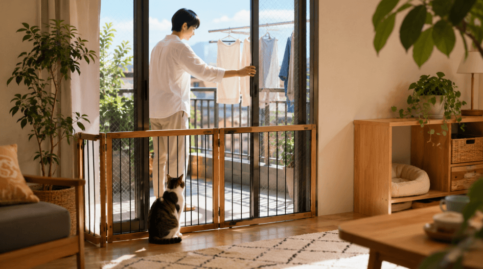 ベランダの室内側にゲートを設置して猫の脱走を防ぐ様子