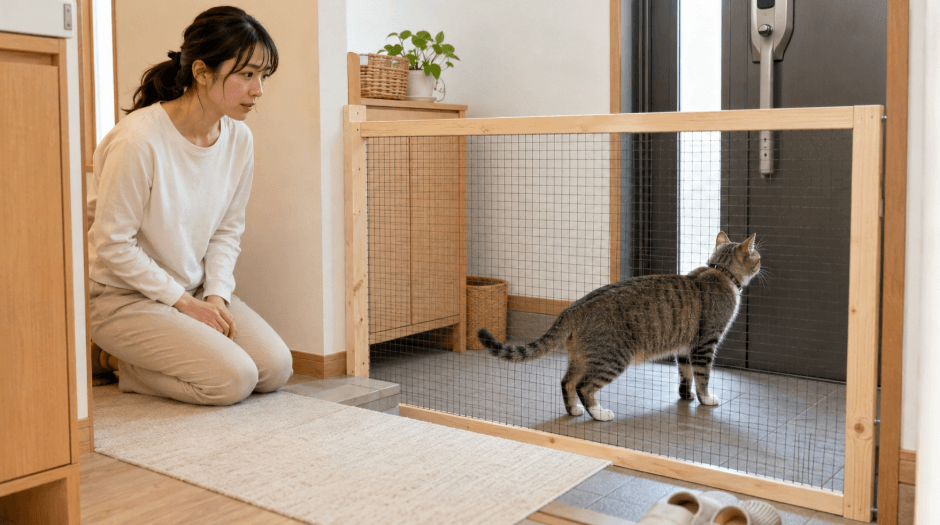 玄関にDIYした猫の脱走防止柵と猫を見守る女性