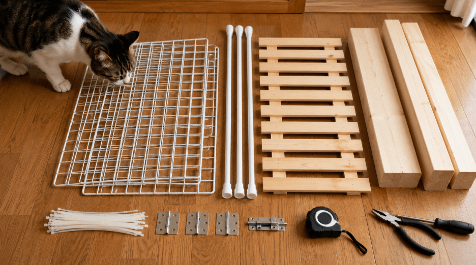 猫の脱走防止DIYに使うワイヤーネットや突っ張り棒などの材料