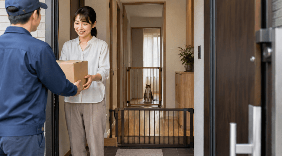 宅配便の受け取り中に玄関ゲートの内側で待つ猫