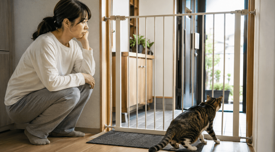 玄関からの猫の脱走を防ぐためにゲートを設置して見守る飼い主