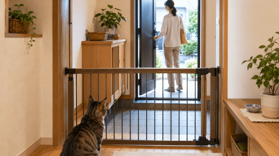 玄関の内側にゲートを設置して猫の飛び出しを防ぐ様子