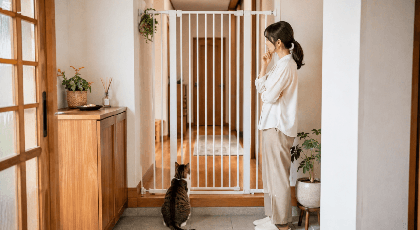 玄関に設置した高い猫用脱走防止柵を確認する女性と猫