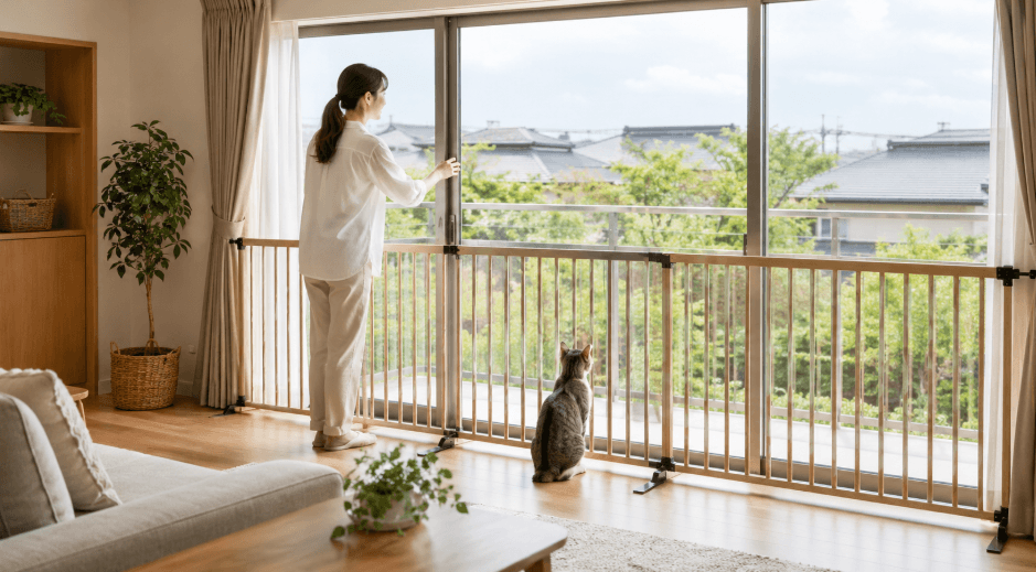 大きな掃き出し窓に設置した猫の脱走防止フェンス