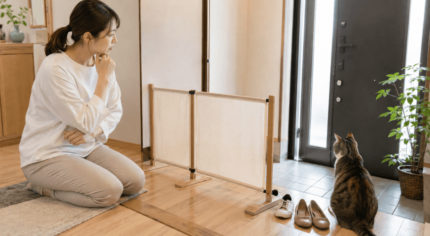 玄関に低い置くだけペットフェンスを設置して猫の脱走防止を考える女性