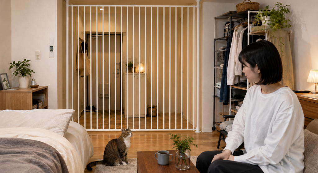 賃貸ワンルームの玄関と居室の間に猫の脱走防止ゲートを設置した様子