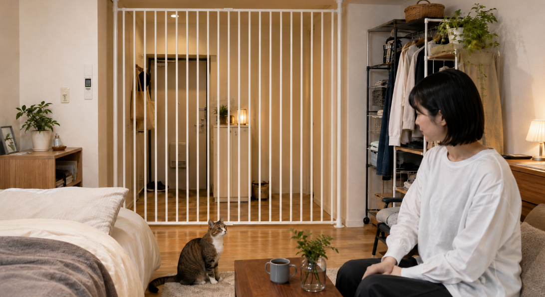 賃貸ワンルームの玄関と居室の間に猫の脱走防止ゲートを設置した様子