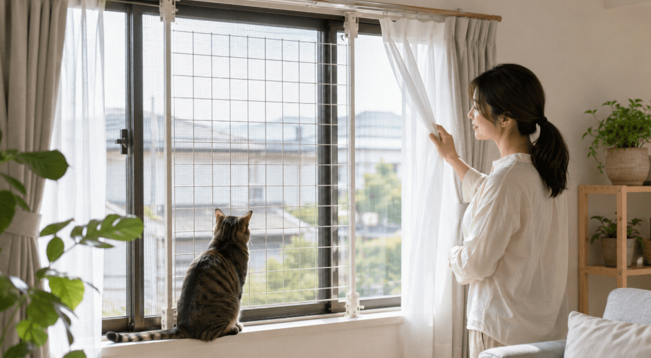 賃貸の窓に室内側のフェンスを設置して猫の脱走を防ぐ様子