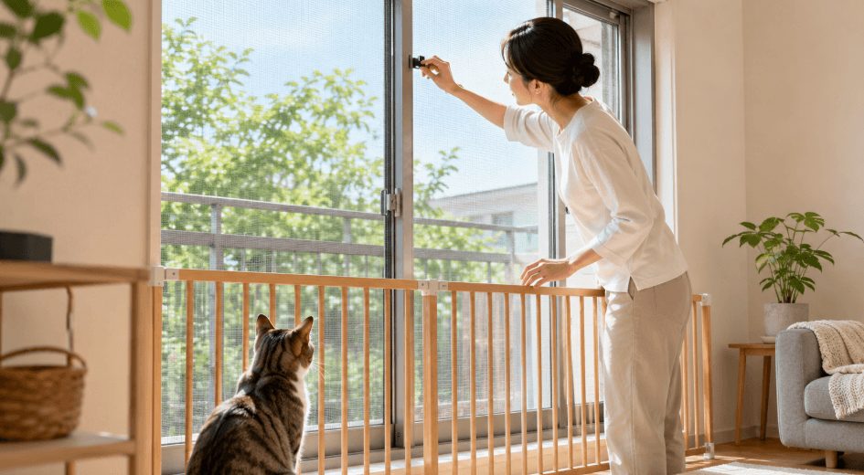網戸ロックと室内フェンスで猫の窓からの脱走を防ぐ様子