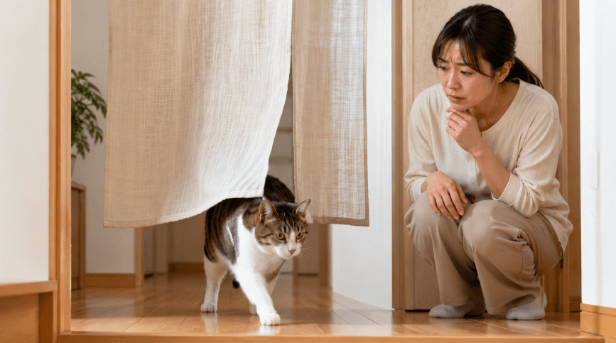 脱走防止用カーテンの下をくぐり抜ける猫