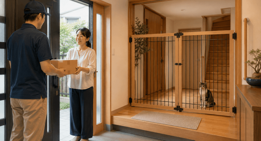 宅配時に玄関ゲートを閉めて猫の脱走を防止する様子