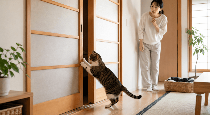 前足を使って引き戸を自分で開ける猫を見守る女性