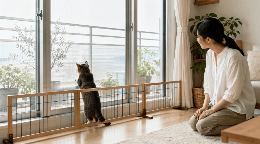網戸前の低いフェンス越しに窓へ近づく猫と脱走防止を確認する女性