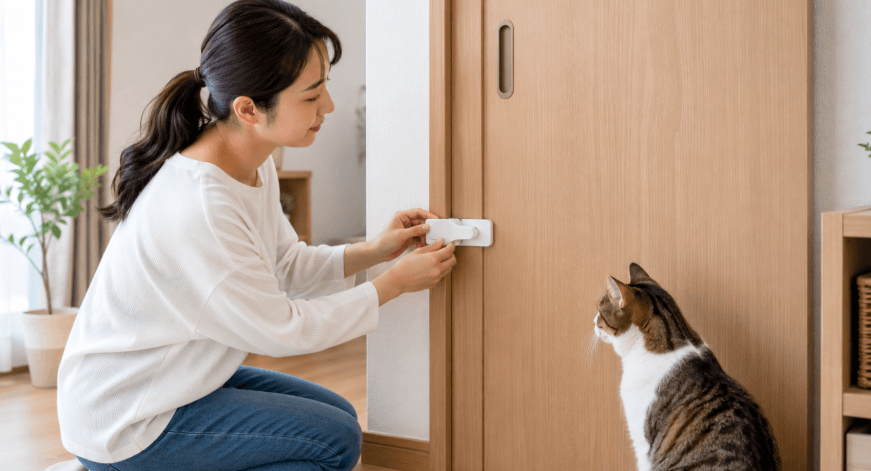 猫の脱走防止のため引き戸にロックを取り付ける女性