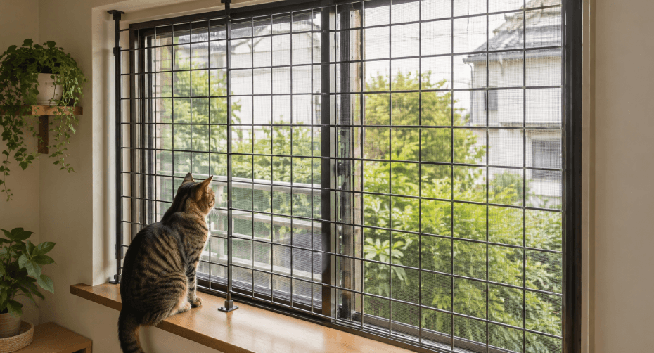 窓の室内側に設置した猫の脱走防止フェンスと窓辺の猫