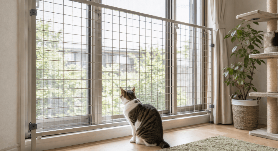 網戸の室内側に設置した猫の脱走防止用窓フェンス