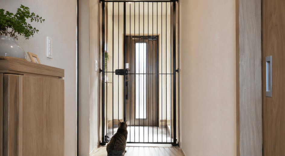 玄関に設置したハイタイプの猫用脱走防止ゲートと室内の猫