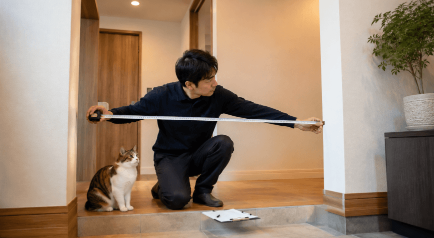 猫用ゲート設置前に幅広玄関の横幅を測る様子