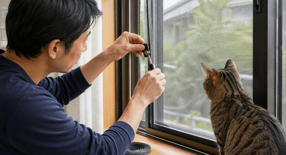 猫対策用の丈夫な網戸ネットを張り替える様子
