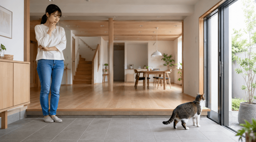 幅広の玄関で猫の脱走防止方法を考える女性