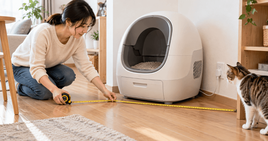 自動猫トイレの設置スペースをメジャーで測る女性とそばにいる猫
