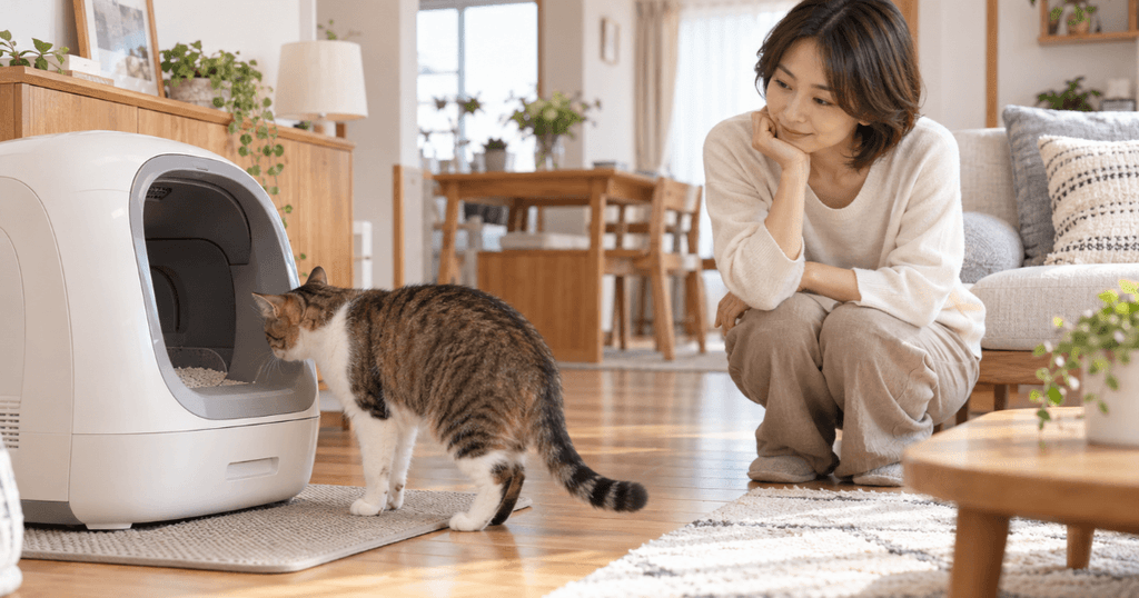 自動猫トイレの入口を確かめる猫と、購入前のお試しを見守る女性