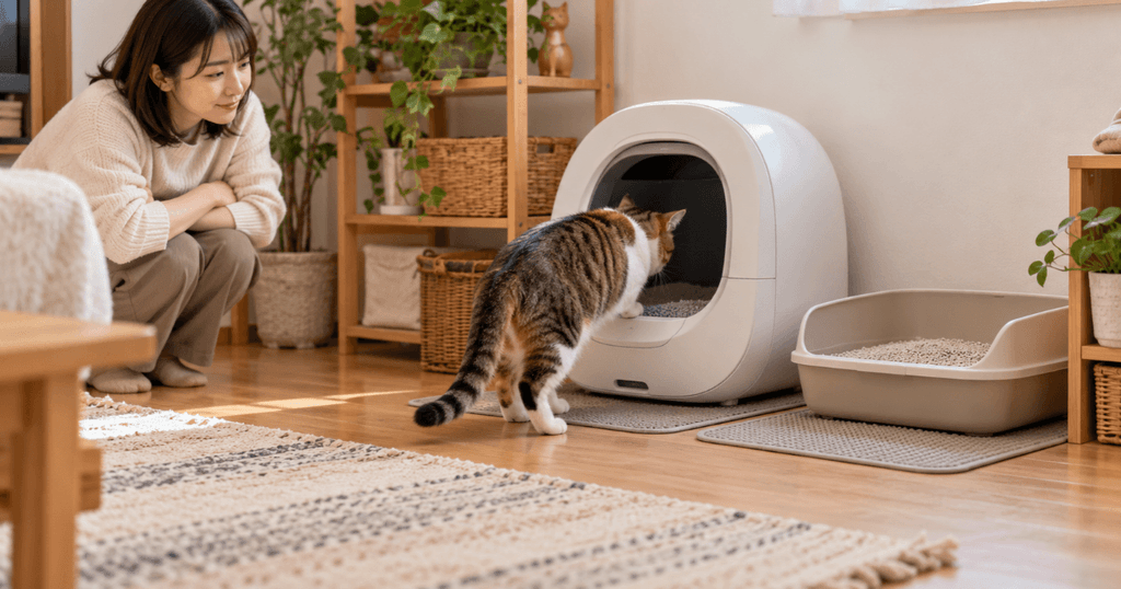 従来の猫トイレを残しながら新しい自動猫トイレに慣れる猫と見守る女性
