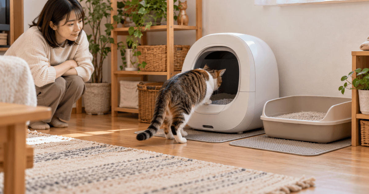 従来の猫トイレを残しながら新しい自動猫トイレに慣れる猫と見守る女性
