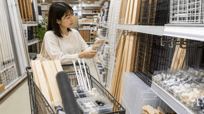ホームセンターで猫の脱走防止DIY用のワイヤーネットや木材を選ぶ女性