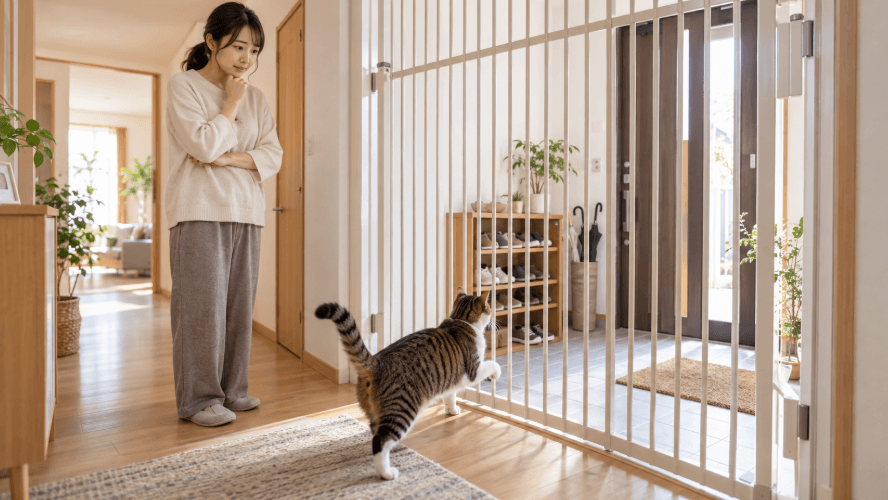 玄関に設置した猫用脱走防止ゲートと外へ出ようとする猫