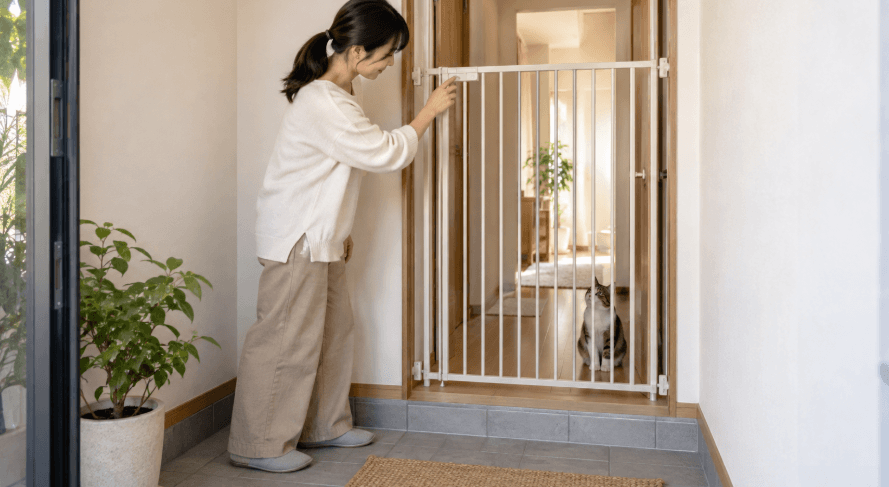 猫用脱走防止ゲートのロックと固定状態を確認する女性