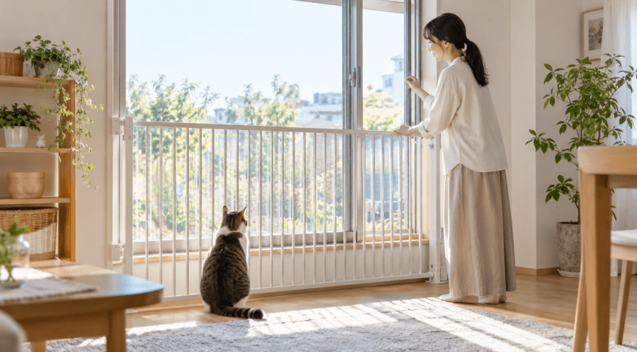 窓の前に設置した猫用脱走防止フェンスと外を眺める猫