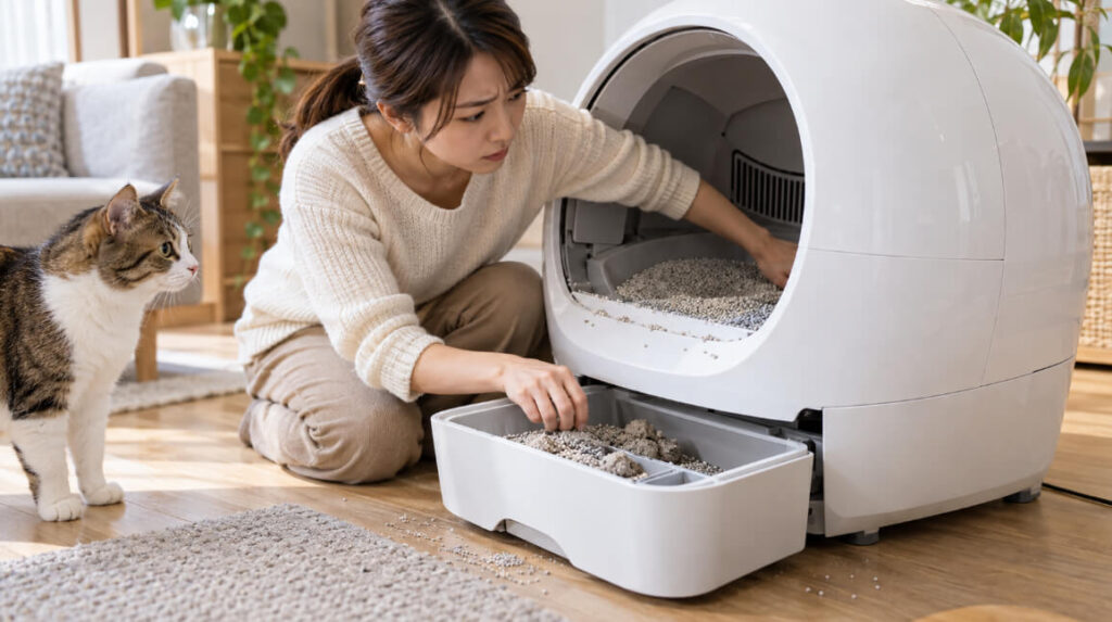 自動猫トイレのゴミボックスに猫砂が大量に落ちる原因を確認する日本人女性