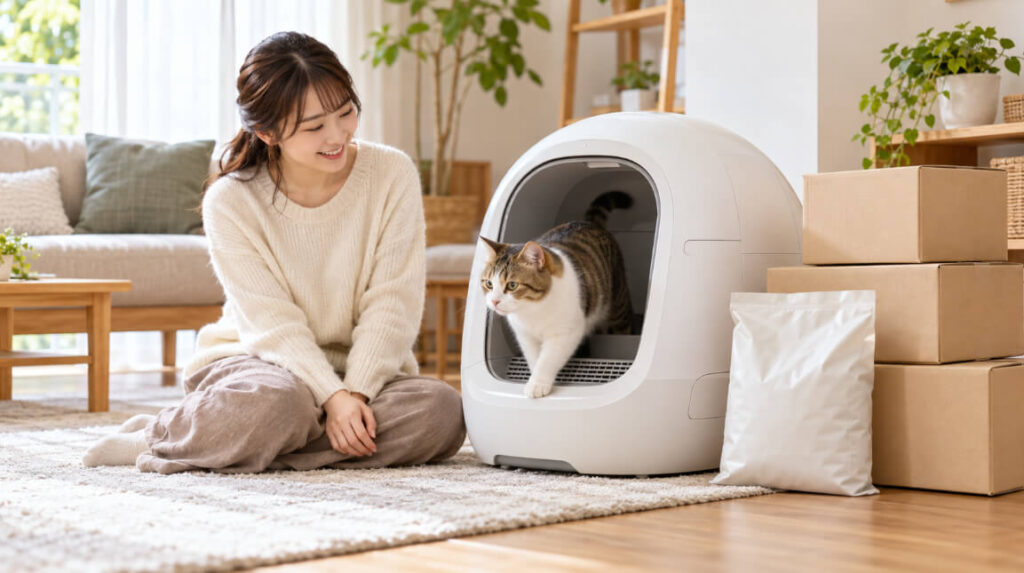 自動猫トイレから出てくる猫を見守る日本人女性と猫砂定期便の配送箱