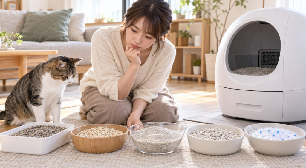 mirutoの自動猫トイレに使う猫砂の種類を比較する日本人女性と猫