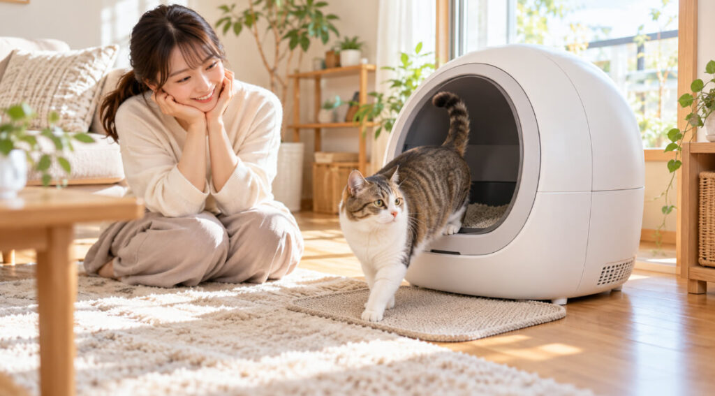 自動猫トイレから出てくるキジ白猫と、掃除の負担が減って喜ぶ女性