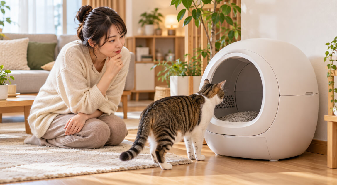 自動猫トイレの入口をのぞくキジ白猫と、使ってくれるか見守る女性