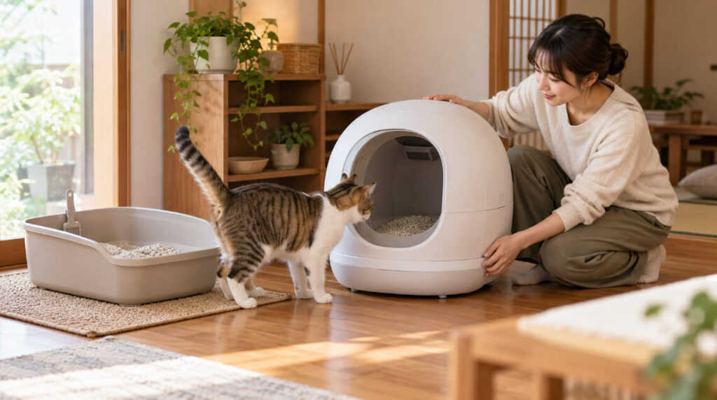 従来の猫トイレと自動猫トイレを並べ、猫が慣れる様子を見守る女性